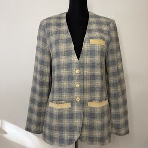 Vtg Strawberry Plant Dorothy Schoelen Plaid V-Neck Blazer Corduroy Accent 9-10